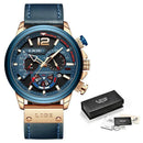 Relógio Lige cronógrafo com mostrador azul, pulseira de couro e caixa rose gold