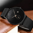 Relógio masculino aço inox preto com pulseira mesh e calendário
