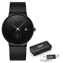 Relógio Lige masculino aço inox com pulseira mesh, mostrador preto e detalhe azul