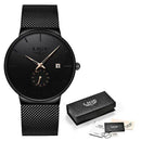 Relógio Lige masculino de aço inox preto com pulseira mesh e calendário