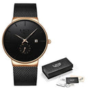 Relógio Lige masculino com pulseira de malha preta, caixa rose gold e calendário