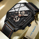 Relógio de luxo masculino com caixa quadrada preta, pulseira de couro e dial esqueletizado