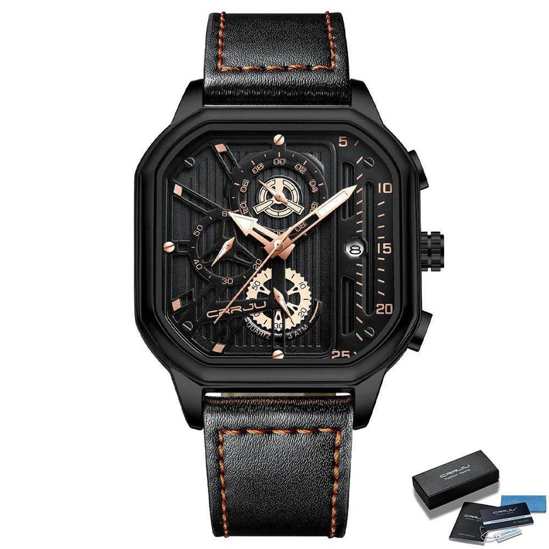 Relógio Masculino De Luxo com Pulseira de Couro e Cronógrafo Preto e Dourado - Zellum