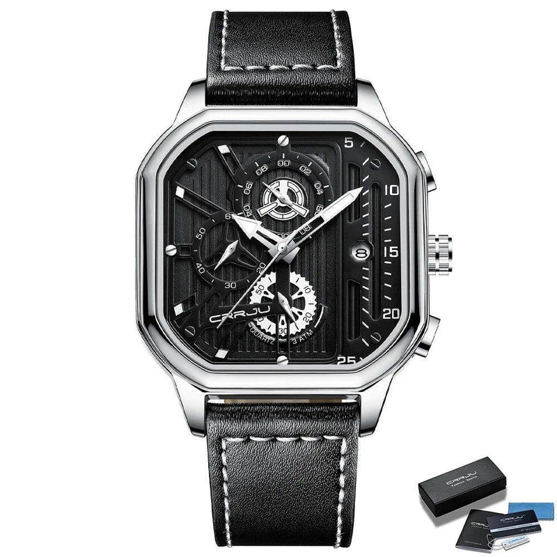 Relógio Masculino De Luxo com Pulseira de Couro e Cronógrafo Preto e Prata - Zellum