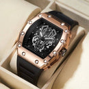 Relógio executivo em aço rose gold com mostrador preto e pulseira de silicone