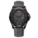 Relógio NaviForce preto com pulseira de couro cinza e mostrador geométrico