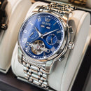 Relógio Olevs com mostrador azul, mecanismo tourbillon visível e pulseira em aço inoxidável