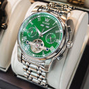 Relógio Olevs masculino com mostrador verde, movimento tourbillon visível e pulseira de aço inoxidável