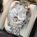 Relógio Olevs aço inoxidável com mostrador branco, tourbillon visível e pulseira em três elos