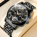 Relógio masculino Olevs preto com mecanismo de tourbillon visível e subdiais múltiplos