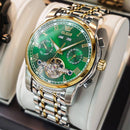 Relógio Olevs com mostrador verde, mecanismo tourbillon e pulseira bicolor prata-dourado