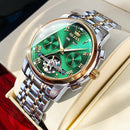 Relógio Olevs com mostrador verde, aço inox bicolor e tourbillon visível