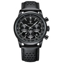 Relógio cronógrafo masculino preto com pulseira de couro e subdiais