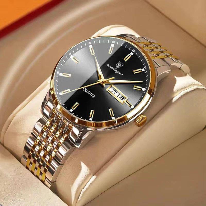 Relógio Poedagar Masculino Executivo Feito em Aço Inox Preto e Dourado Aço Inox - Zellum