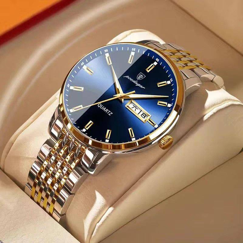 Relógio Poedagar Masculino Executivo Feito em Aço Inox Azul e Dourado Aço Inox - Zellum