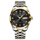 Relógio Poedagar com mostrador preto, caixa e pulseira em aço inoxidável e dourado