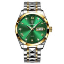 Relógio com pulseira aço e ouro, mostrador verde e números romanos