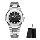 Relógio masculino aço inoxidável caixa quadrada mostrador preto com pulseira metal