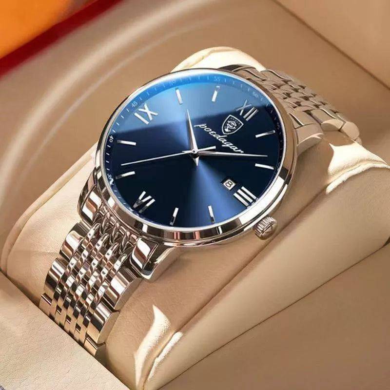 Relógio Poedagar Masculino de Luxo Feito em Aço Inox Prata e Azul - Zellum