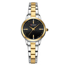 Relógio feminino bicolor prateado e dourado com mostrador preto