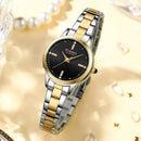 Relógio feminino bicolor prata e dourado com mostrador preto e pulseira em aço