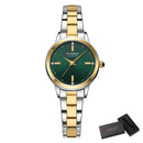 Relógio de pulso bicolor verde e dourado com pulseira em aço inoxidável