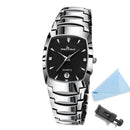 Relógio de pulso executivo com mostrador preto e pulseira de aço inoxidável