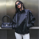 Jaqueta de couro sintético feminina oversized gola alta Zellum, preto, marrom ou bordô