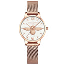 Relógio feminino rose gold com mostrador branco e abelha, pulseira malha aço inox