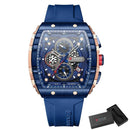 Relógio esportivo quadrado Curren com mostrador azul escuro, cronógrafo e pulseira de silicone azul