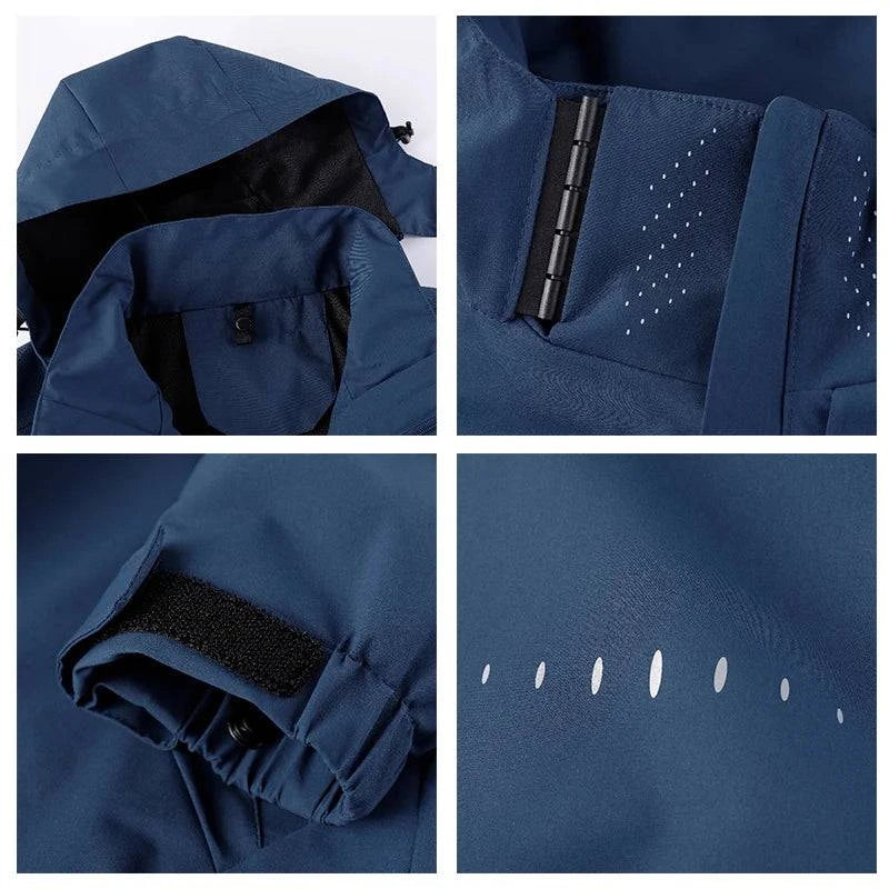 Quatro detalhes da jaqueta corta-vento azul: capuz, fecho de velcro na gola, punho ajustável e orifícios de ventilação no tecido. Tecnologia avançada e design funcional.