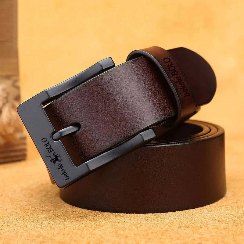 Alt text: Cinto de Couro Genuíno Masculino Casual Marrom Escuro.