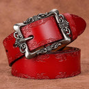 Cinto de couro vermelho feminino com fivela vintage ornamentada