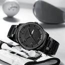 Relógio social masculino em aço inox preto com pulseira de metal.