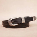Cinto feminino de couro marrom com fivela prateada estilo western