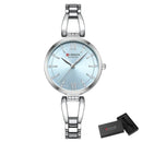 Relógio feminino aço inox com mostrador azul claro e pulseira prateada