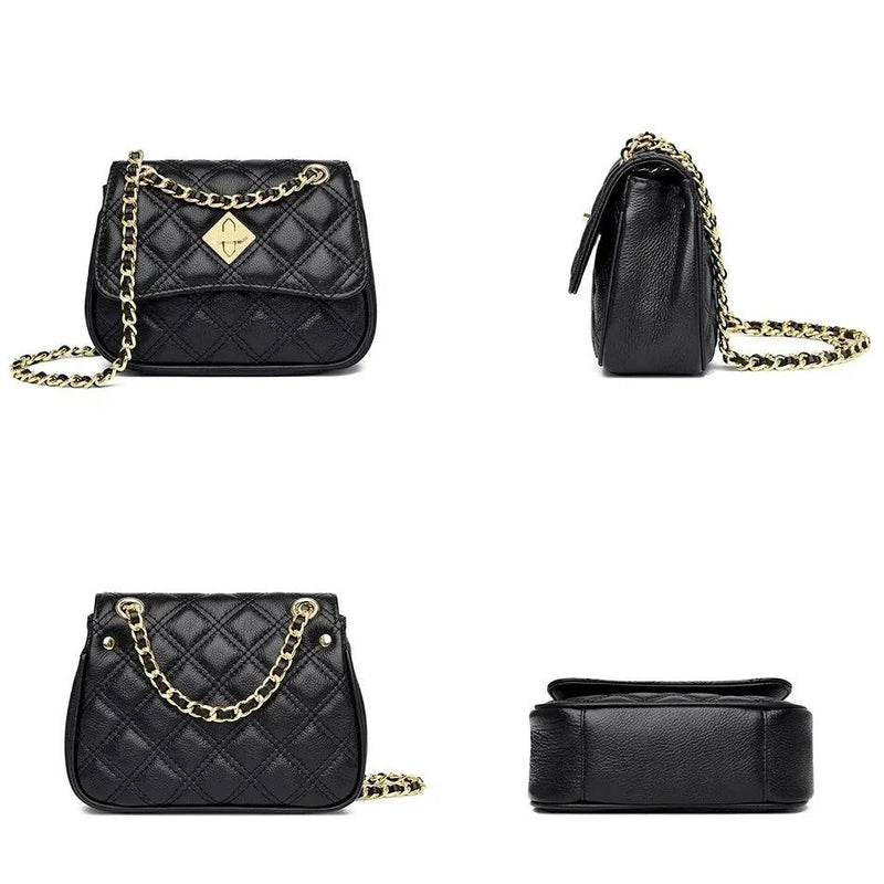 Alt text: Bolsa tiracolo acolchoada preta com corrente, elegante e versátil.