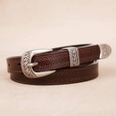Cinto feminino marrom em couro fino com fivela prateada estilo Western