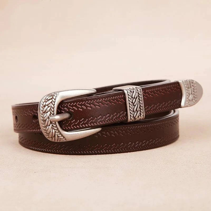 Cinto Feminino Feito em Couro Fino Estilo Western Marrom Escuro - Zellum