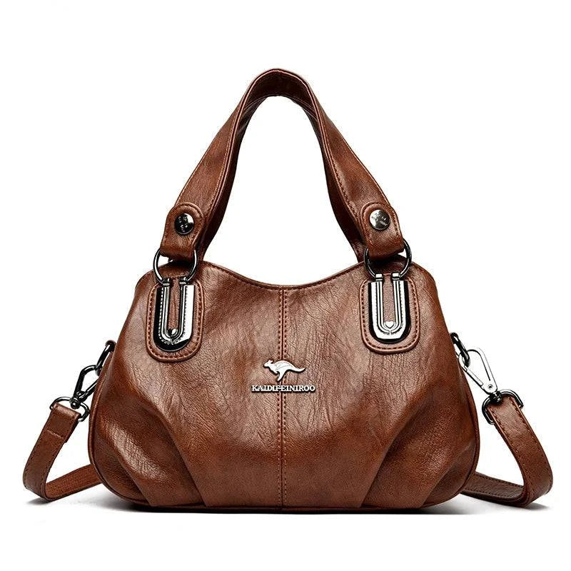 "Bolsa feminina de couro legítimo preta com alça dupla elegante."