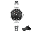Relógio feminino aço inox com mostrador preto, numerais romanos e pulseira de elos