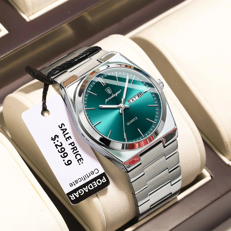 Relógio Masculino Poedagar Social de Aço Inox Prata Verde - Zellum
