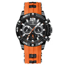 Relógio esportivo com caixa preta, pulseira de silicone laranja e preto, mostrador com cronógrafos