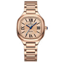 Relógio feminino Naviforce com caixa quadrada rose gold, pulseira em aço e mostrador em números romanos