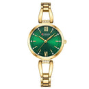 Relógio feminino com caixa dourada, pulseira em aço inox e mostrador verde com numerais romanos