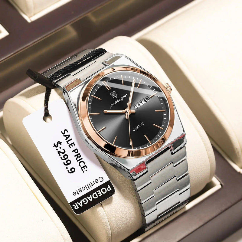 Relógio Masculino Poedagar Social de Aço Inox Rose Preto - Zellum
