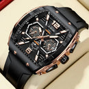 Relógio quadrado preto com detalhes rosé gold e pulseira de silicone