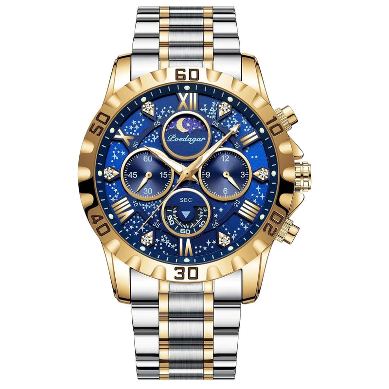 Relógio Masculino Executivo Poedagar à Prova de Água Dourado Azul - Zellum