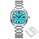 Relógio feminino Naviforce com mostrador azul-turquesa, pulseira aço inox e numerais romanos