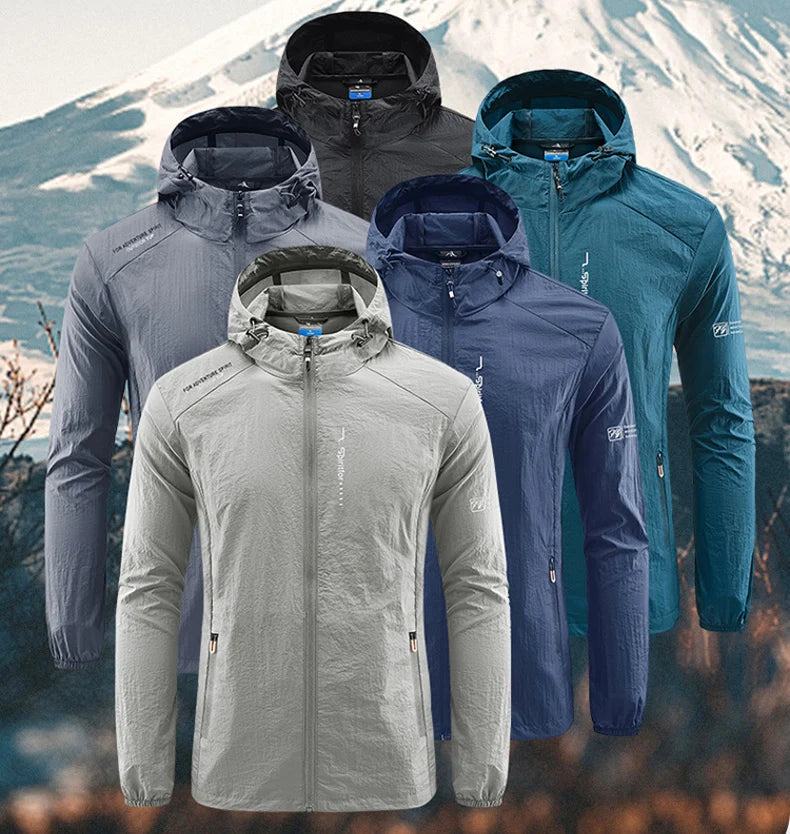 Cinco Zellum Jaqueta Corta-vento Esportiva Masculina são mostradas em cinza, azul-marinho, azul-petróleo, preto e cinza-claro. Todos apresentam proteção contra vento e água, zíper frontal, bolsos laterais com zíper, marca sutil e montanhas nevadas atrás.